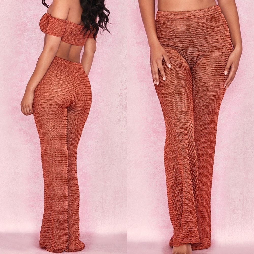 HOUSE OF CB Selia Rust Double Crochet Wide Leg Flare Trousers NWT S